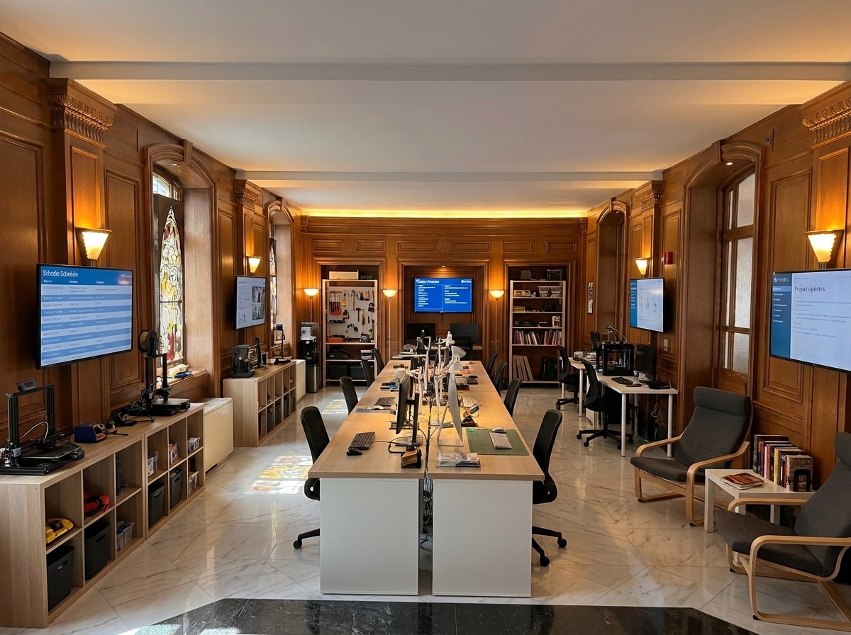 Panelled maker studio with a long light-timber bench of monitors, 3D printers and schedule displays