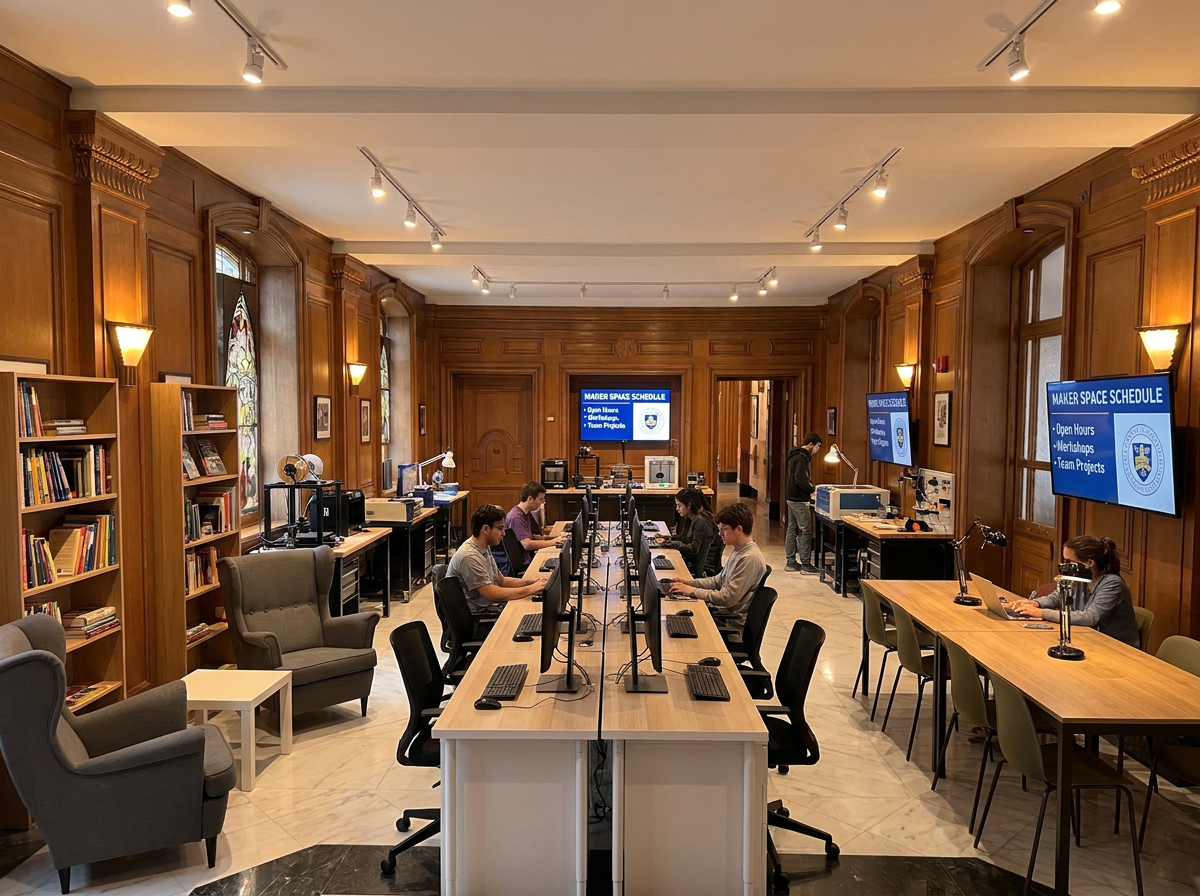 Panelled computer lab with paired monitor desks, lounge chairs, bookcases and maker space schedule screens