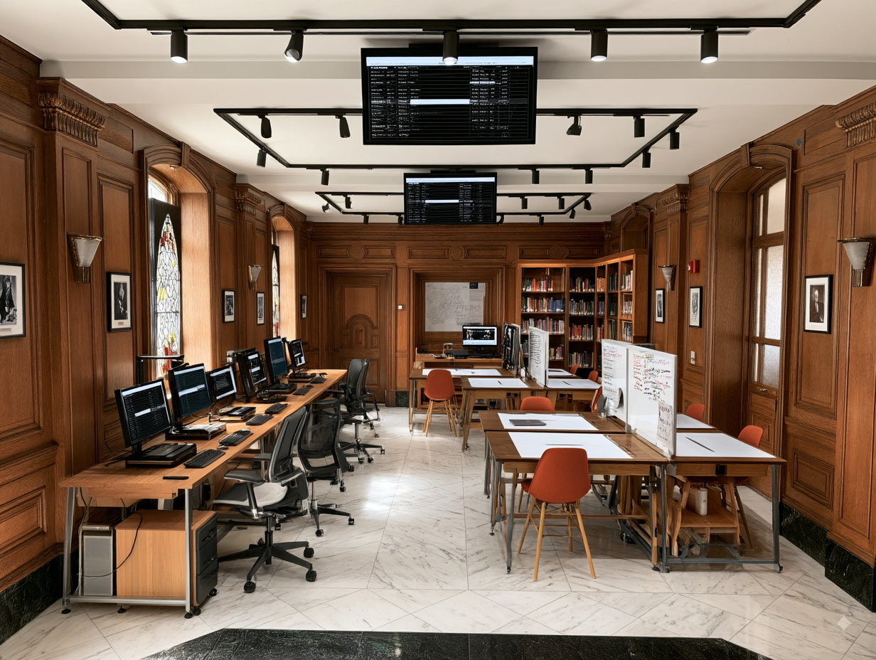 Panelled room with computer benches and mobile worktables with orange chairs
