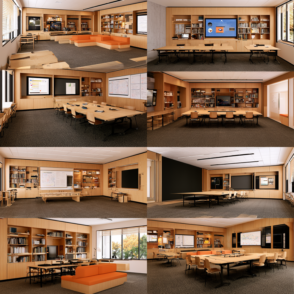 Grid of eight wood-panelled seminar and studio room studies