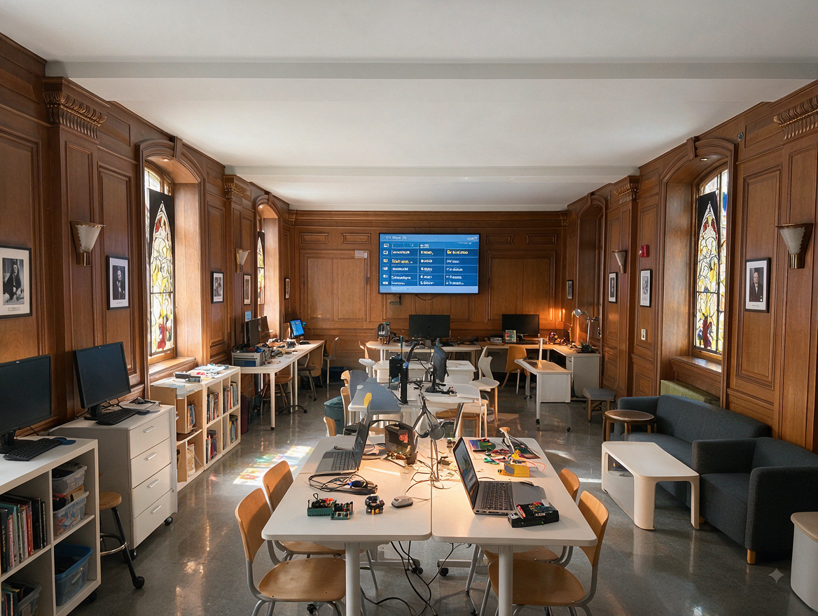 Wood-panelled maker studio with stained glass, benches of monitors, worktables and a schedule display