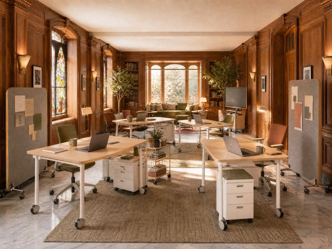 Interior of a community project room with wood paneling and modular furniture