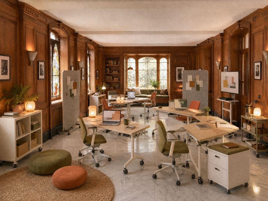 Interior of a design sprint studio with modular furniture and wood paneling