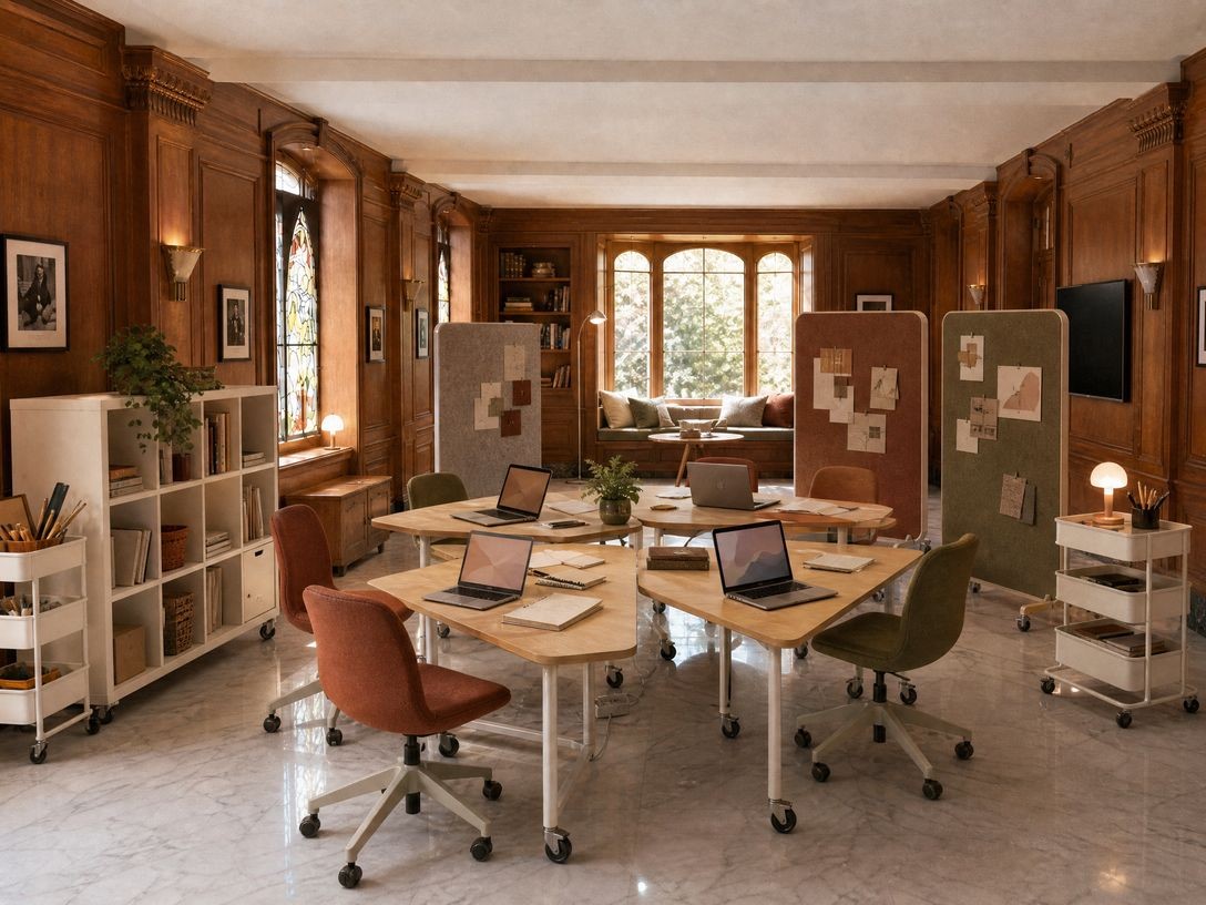 Interior of a learning studio with wood paneling, modular furniture, and rolling partitions