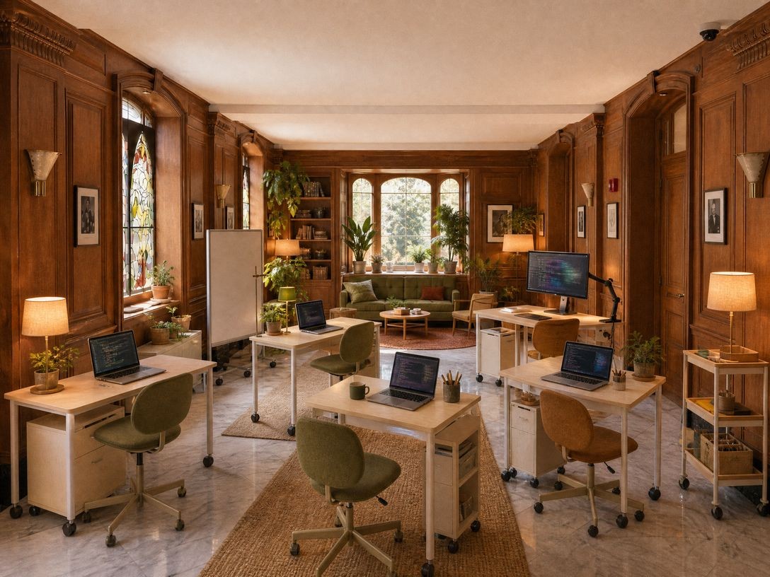 Interior view of a wood-paneled room with modular desks and plants