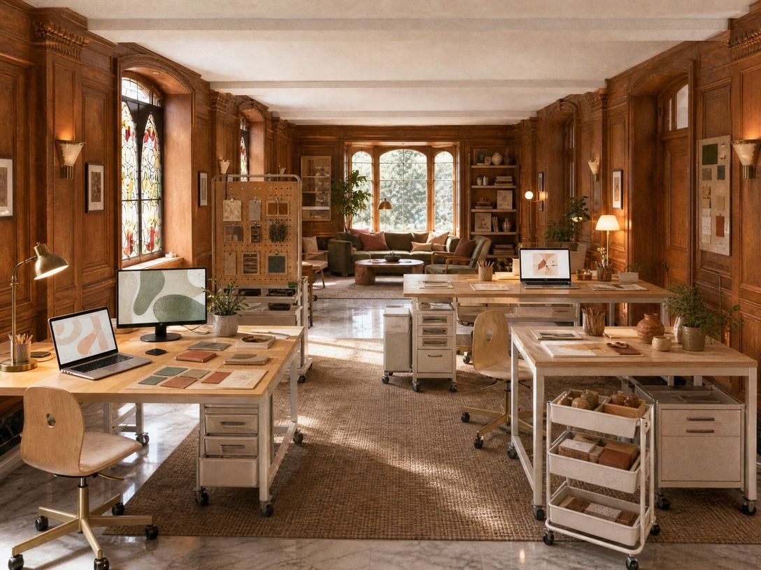 Interior of a wood-paneled room with rolling workbenches and computer equipment