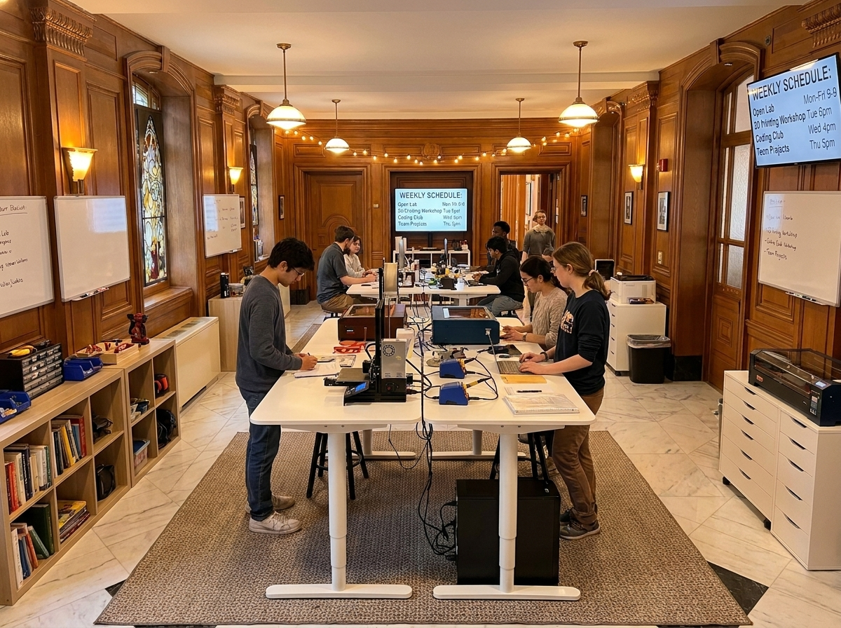 Students working at standing white worktables with 3D printers under pendant lights and a weekly schedule screen