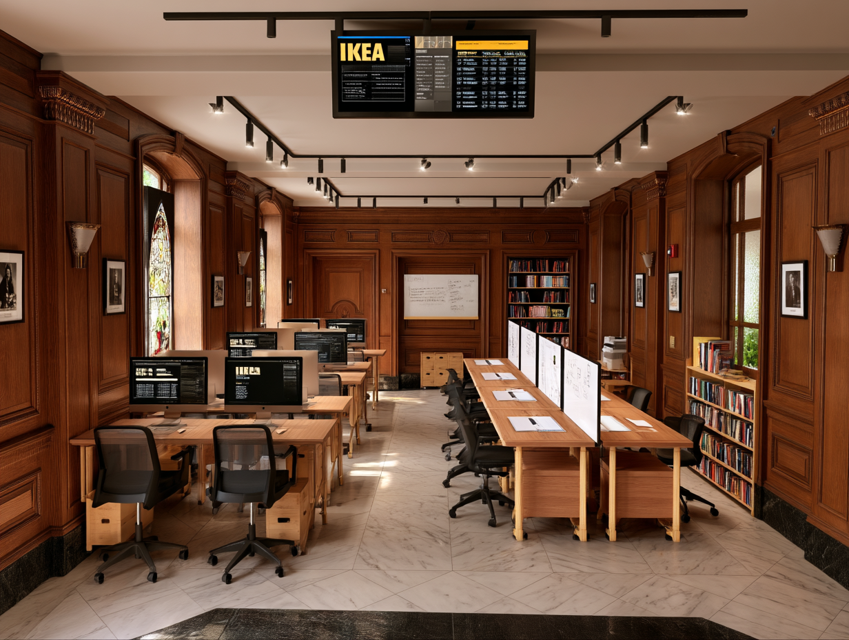 Wood-panelled studio with light timber desks, whiteboard dividers and bookcases